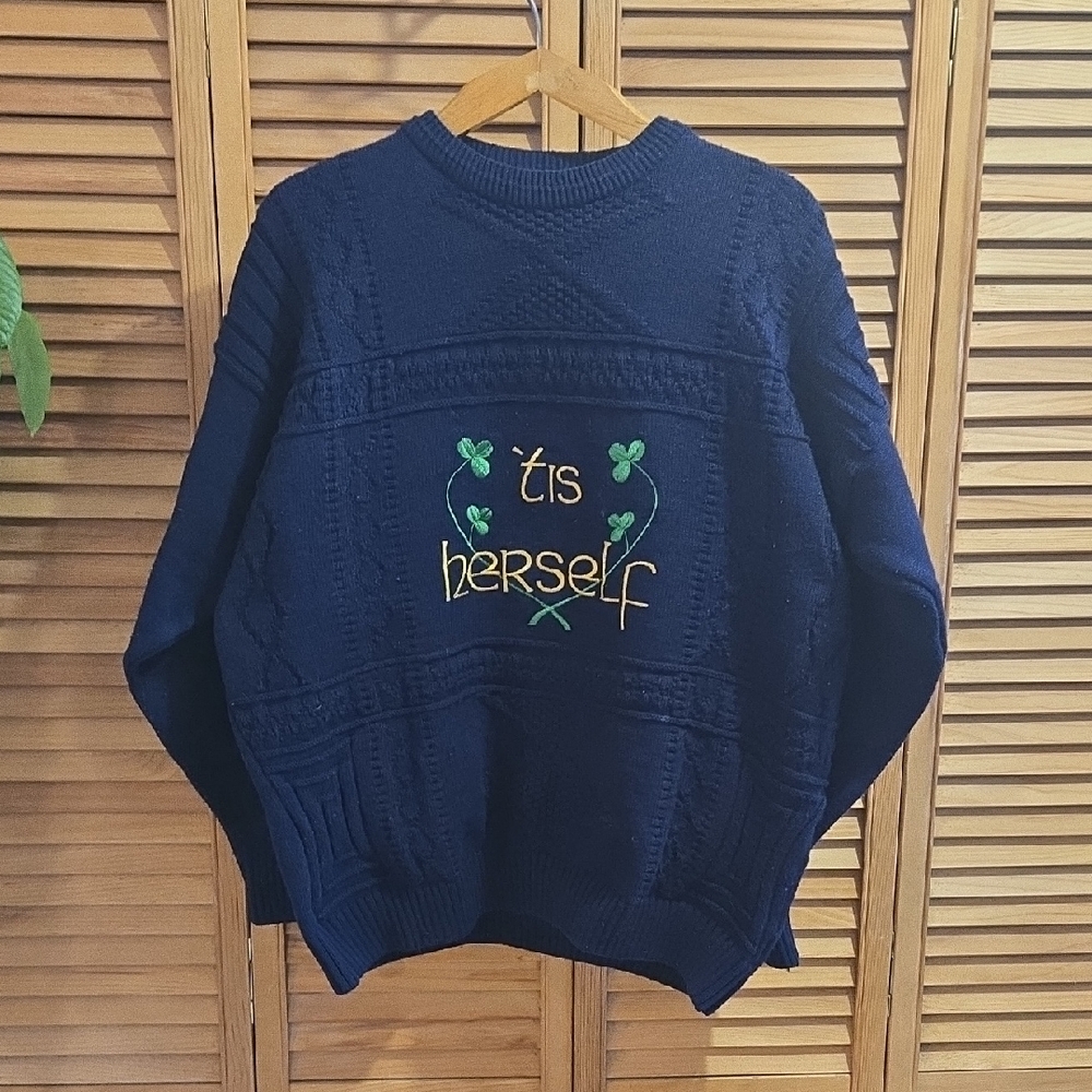 Navy Irish Sweater with Embroidered Design "Tis Herself" Made In Ireland
